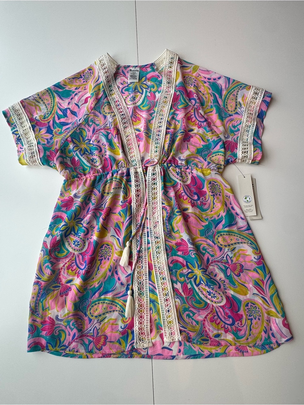 Colorful Pink Paisley Swim Cover-Up with Lace Trim